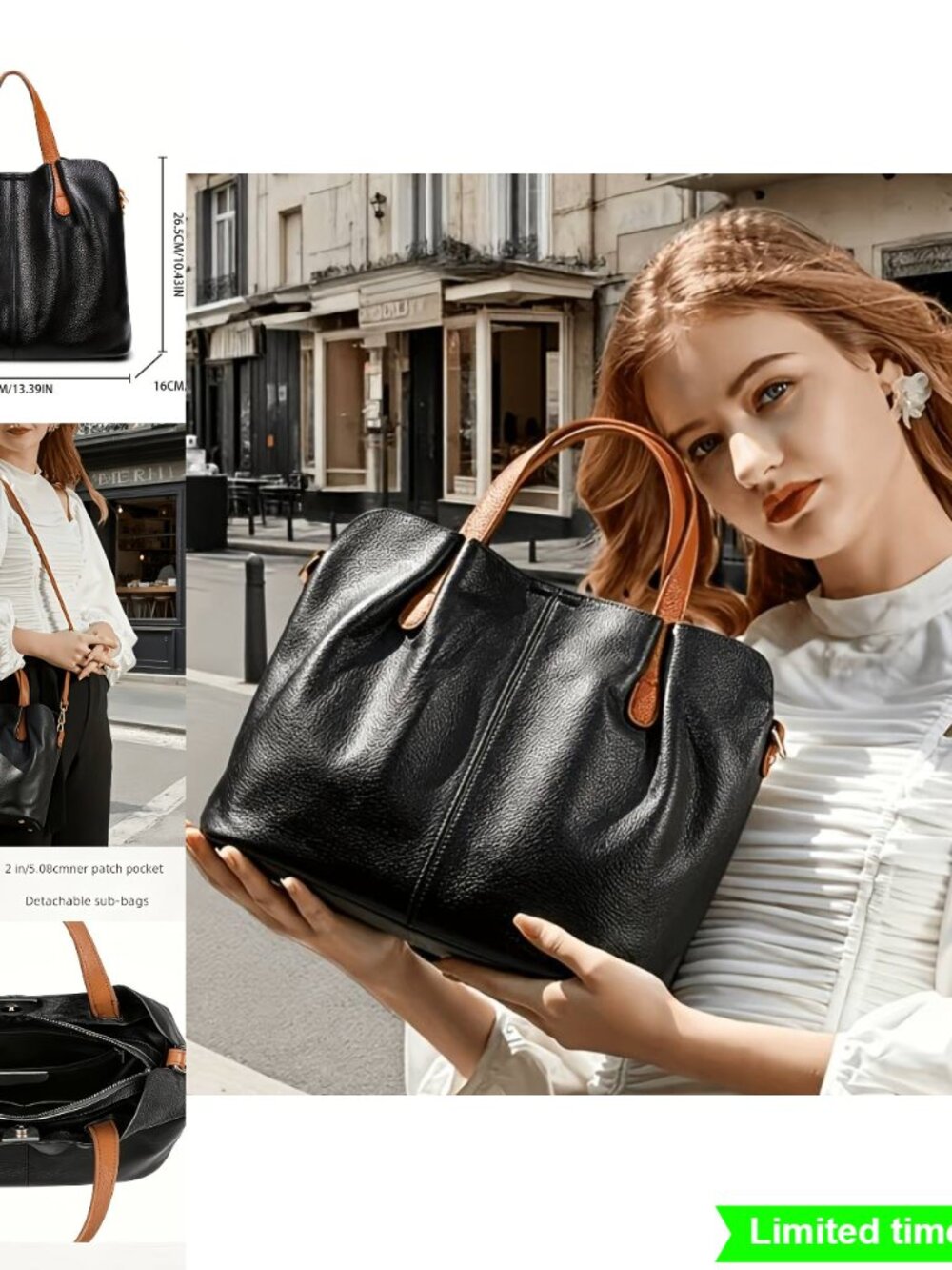 Large Capacity Commuter Storage Tote Bag Genuine Leather Adjustable Shoulder